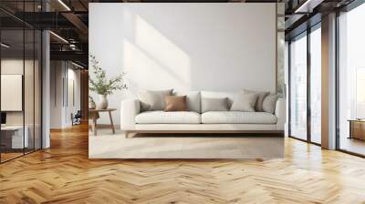 A modern, minimalist living room with a large white sofa, wooden floor, and a window with natural light streaming in. Wall mural