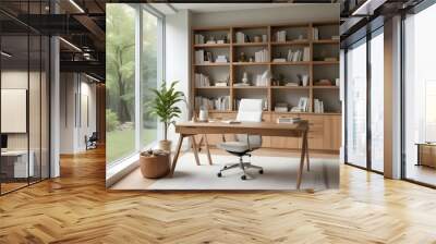 A modern and minimalist home office with a wooden desk, a white office chair, and a large bookshelf filled with books and decorative items. Wall mural