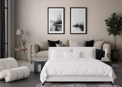 A modern living room with a beige sofa, a black and white blank frame on the walls, and a wooden coffee table with decorative objects Wall mural