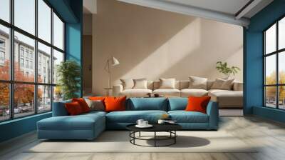 A modern living room with a large beige sectional sofa, a wooden coffee table, and a warm, natural lighting coming through a window. Wall mural