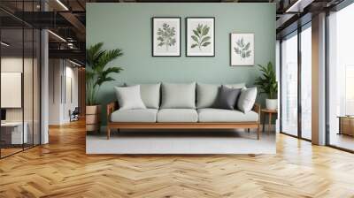 A modern living room with a light green wall, a wooden sofa with white and gray cushions, and two framed botanical prints on the wall. Wall mural