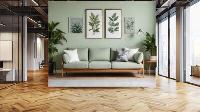 A modern living room with a light green wall, a wooden sofa with white and gray cushions, and two framed botanical prints on the wall. Wall mural