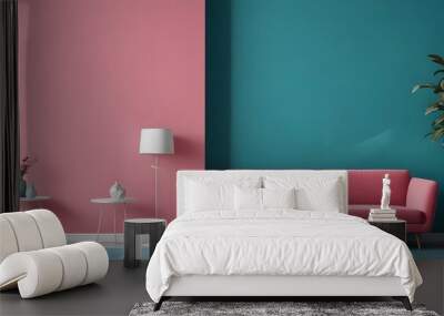 A pink sofa against a teal blue wall, with a white side table and a decorative object on it, bold and slim lines, brush strokes. Wall mural