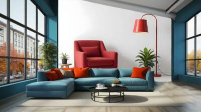 A red armchair with a red lamp and a potted plant in a minimalist living room setting. Wall mural