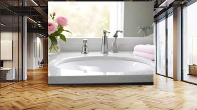 A white bathroom counter with a round white sink, two silver soap dispensers, and a pink flower in the background Wall mural