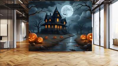 Digital painting, A haunted house on a dark, stormy night with a full moon, bare trees, jack-o'-lanterns in the foreground, bold and slim lines, brush strokes. Wall mural