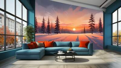 digital painting, A snowy winter landscape with a sunset over a forest of tall pine trees. The sky is filled with warm orange and pink hues. Wall mural