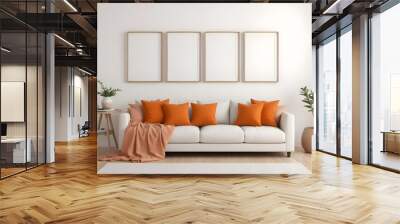 Four empty vertical picture frames in a modern living room with a white sofa, orange pillows, and plants.Generative AI Wall mural