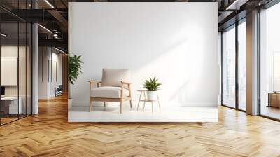 Modern minimalist interior with an armchair on an empty white color wall background. 3D Rendering Wall mural