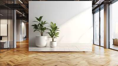 Two potted plants with green leaves on a white wall background. Wall mural