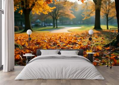 Nature’s Fall Masterpiece, Orange Leaves Blanket a Serene Park with Warm Tones Wall mural