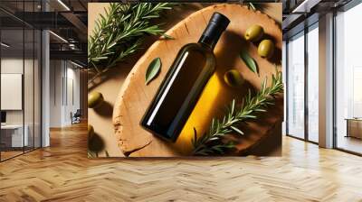 Photograph features a sleek, dark glass bottle of fresh natural homemade olive oil with few plump, green olives, and a worn, rustic wooden board with visible wood grain Wall mural