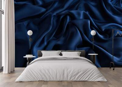 Blue sapphire color silk fabric background, top view. Wall mural