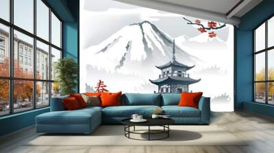 pagoda in the mountains. pagoda on the background of snow-covered mountains. vector illustration in  Wall mural