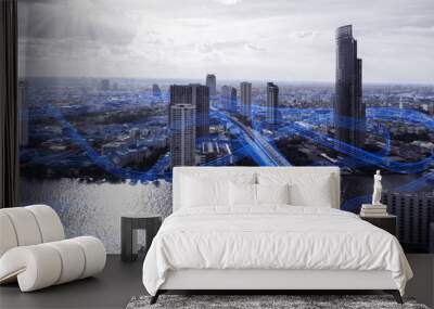 Black and white smart city with data communication flow network, communication technology concept Wall mural