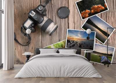 olld grunge camera and photos on vintage grunge wooden background in vintage style Wall mural