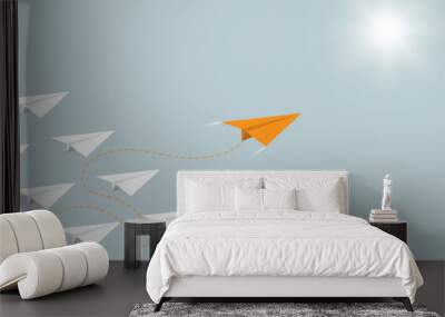 Paper airplane competition with orange airplane ahead, business competition leadership ambitious successful goal concept vector illustration Wall mural