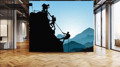 Silhouette of three men climbing mountain by helping each other on blue mountains background, successful teamwork concept vector illustration Wall mural