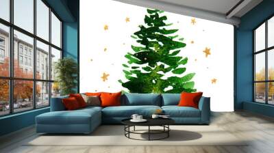 Green Christmas tree on a white background with gold stars. Watercolor drawing Wall mural