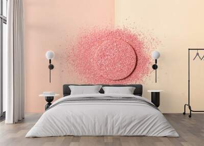 Powdered blush on a sponge on double background of pink and beige Wall mural