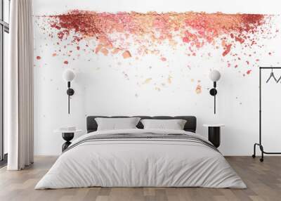 Samples of dry blush, powder, bronzers and highlighter scattered in a line isolated on a white background Wall mural