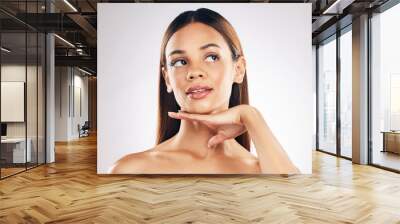 Skincare, glow and hand on face of woman in studio for self care, wellness or satisfaction on white background. Beauty, results and lady model with cosmetic, care or facial, dermatology or treatment Wall mural