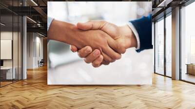 B2b, black woman or businessman handshake in deal, meeting or startup project partnership together. Teamwork, crm or people shaking hands for sales goals, bonus target or hiring agreement in office Wall mural