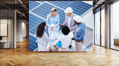 Solar and renewable energy, blueprint or engineering team on roof building electricity technology for sustainability. Collaboration, top view or black man talking or planning a project with people Wall mural