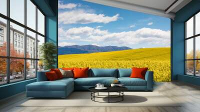 Red roofed buildings amidst the bright yellow flowers of a canola field in New Zealand Wall mural