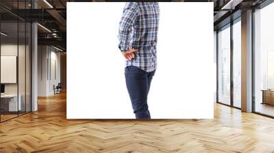 Back view of adult man taking photo or selfie with smartphone. Full body isolated on transparent background. Wall mural