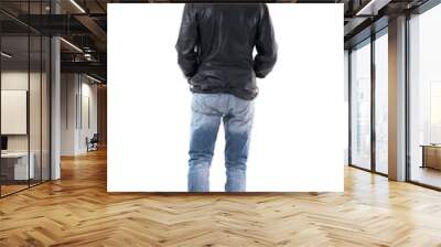 Back view of blond hair rocker man walking away with hands in jacket pockets. Full body length isolated on white background Wall mural