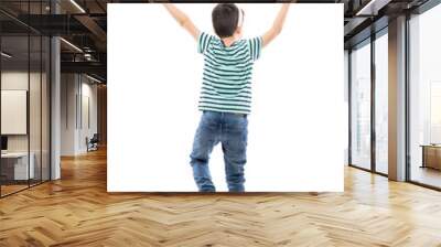 Back view of cheerful excited young boy with Easter bunny ears celebrating with raised hands. Full length isolated on white background. Wall mural