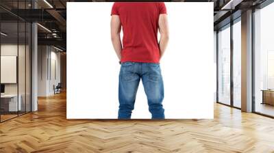 Back view of young casual man with hands in pockets looking up. Full body length portrait isolated over transparent background Wall mural