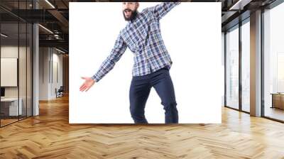 Cheerful excited bearded business man with open arms welcoming hugging gesture. Full body isolated on white background.  Wall mural