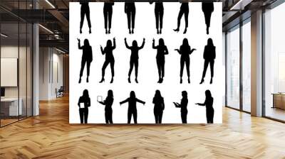 Collection of business woman wearing suit using tablet and other business situations silhouettes.  Easy editable vector illustration.  Wall mural