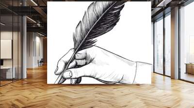 drawing of hand with a feather pen Wall mural