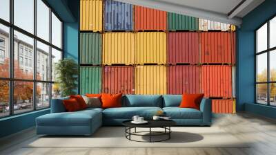 Colorful ship cargo containers stacked up in a port. Wall mural