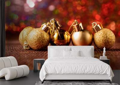 Toys and decor for Christmas tree. Gold balls. Wall mural