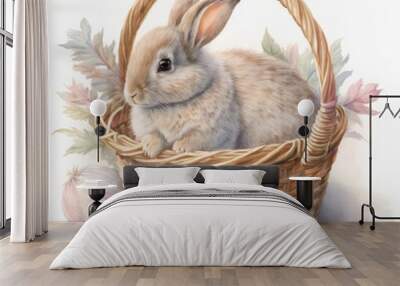 easter bunny rabbit in basket with flowers, generative AI  finalized in Photoshop by me  Wall mural