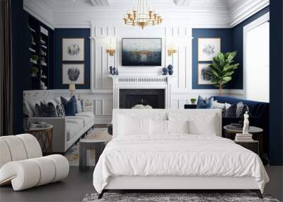 modern living room with fireplace, navy blue and white, mock up, AI generated Wall mural