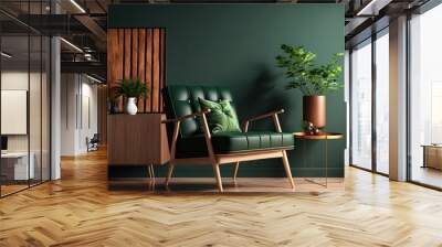 modern mid century green living room with wooden armchair, AI assisted finalized in Photoshop by me Wall mural