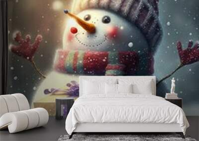 snowman with gift box, Christmas present in the snow, AI assisted finalized in Photoshop by me  Wall mural