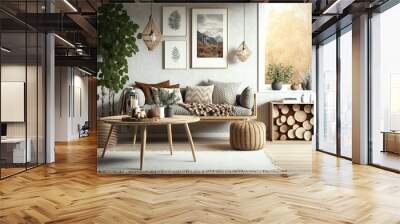 Wooden natural furniture in living room design, interior wall mock up, AI assisted finalized in Photoshop by me  Wall mural