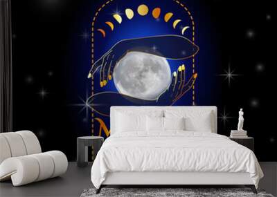 Witch Hands holding the full moon performing a magic healing ritual Wall mural