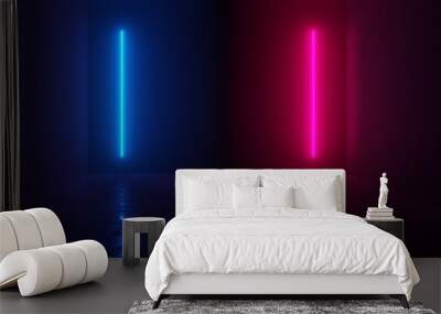 Abstract blue and red glowing neon light tubes in empty concrete room with shiny reflective floor Wall mural