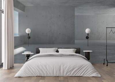 Abstract empty, modern concrete room with balcony opening on the left wall with ocean view, opening on the right and rough floor - industrial interior background template Wall mural