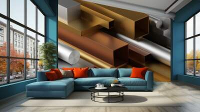 Aluminum, copper and brass mixed round and square profiles stack frame filling, construction or manufacturing materials concept Wall mural