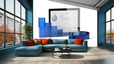 Blue glass bar and pie chart with tablet computer over white background, business or finance budget concept Wall mural