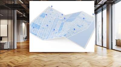 Blue toned folded city map with multiple blue needle pin location markers over white background, travel, navigation, route finding or gps location concept Wall mural