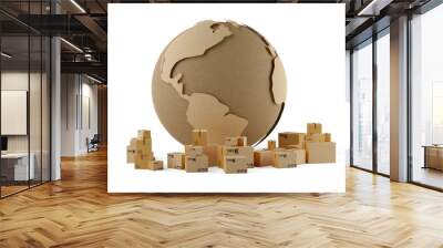 Cardboard boxes or parcels surrounding globe over white background, international transportation, freight or cargo shipping business concept Wall mural